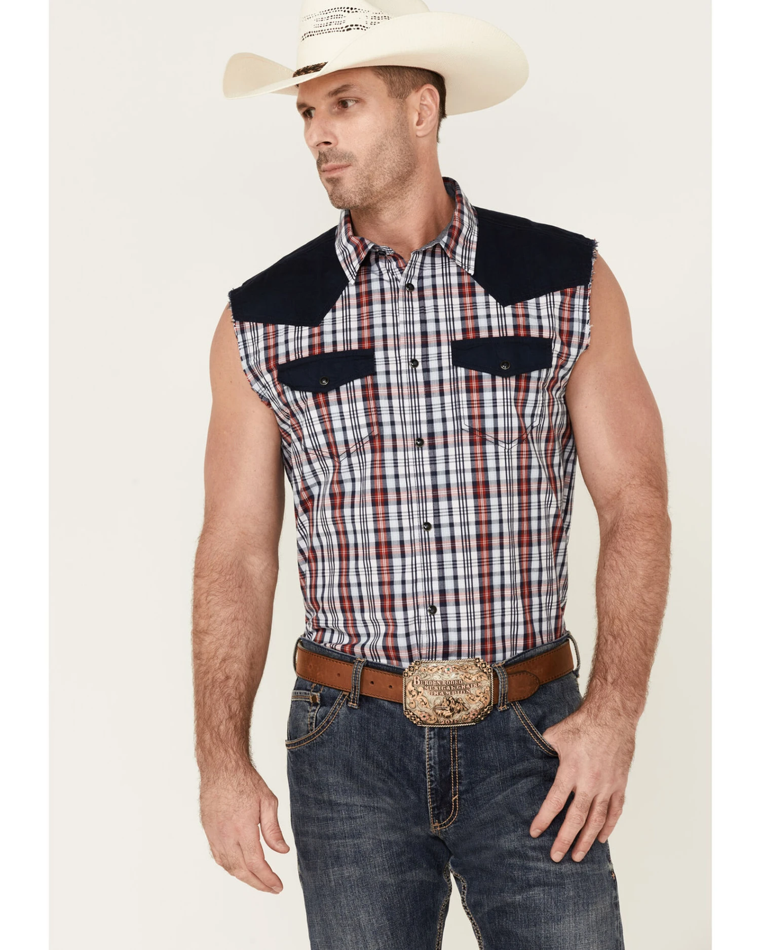 Cody James Men's Anthem Plaid Bubba Sleeveless Snap Western Shirt Â