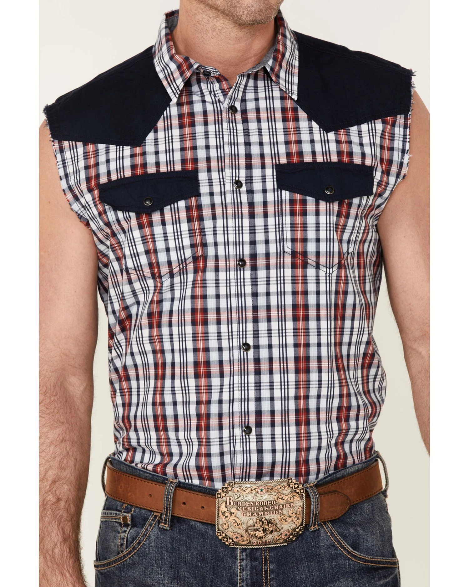 Cody James Men's Anthem Plaid Bubba Sleeveless Snap Western Shirt  - Image 3