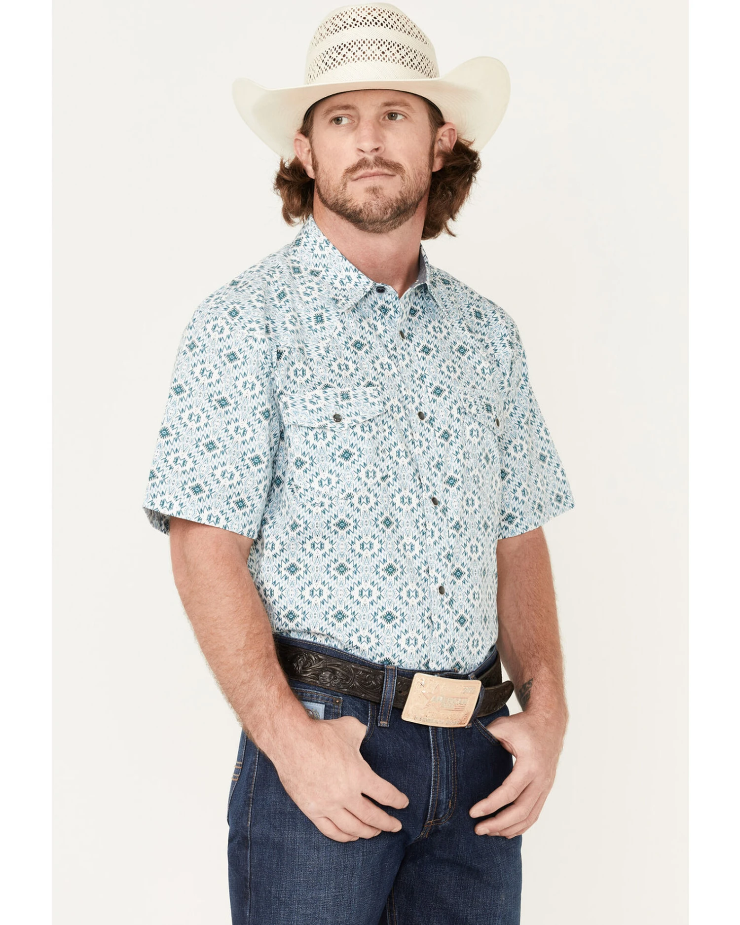 Cody James Men's Wagon Southwestern Print Short Sleeve Western Snap Shirt - Image 2